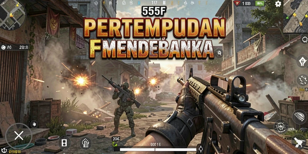 Tampilan pertandingan intens di 555F dengan aksi FPS yang cepat.