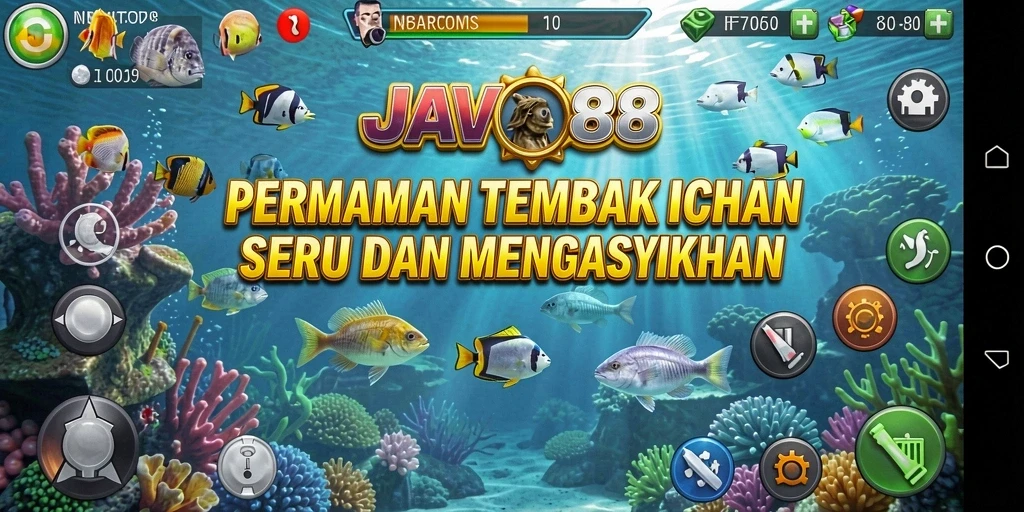 Tangkapan layar utama dari gameplay <strong>JAVO88</strong> menampilkan aksi menembak ikan yang seru.