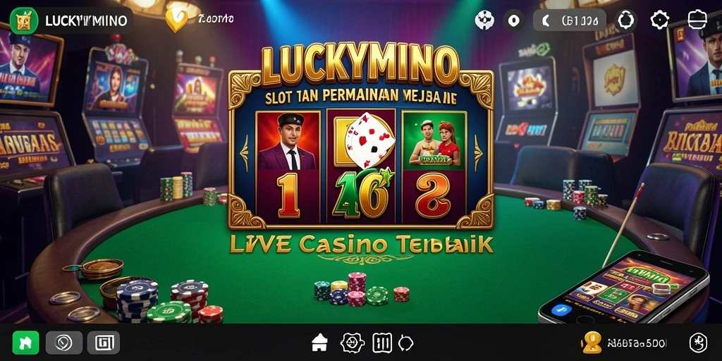Screenshot gameplay <strong>LUCKYMINO</strong> yang menampilkan dealer langsung dan interaksi pemain.