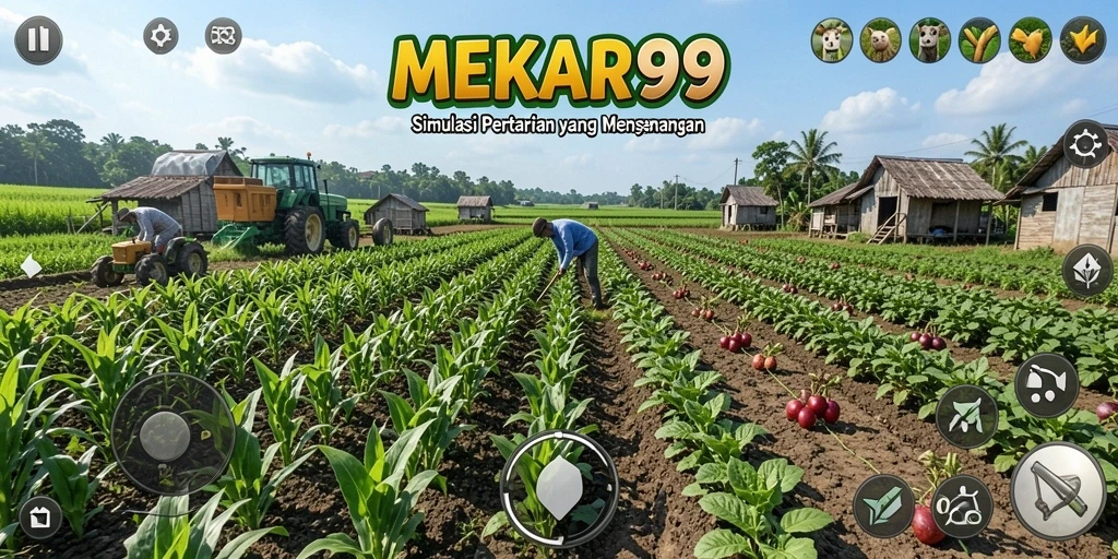 Tampilan gameplay MEKAR99 saat merawat ladang pertanian.