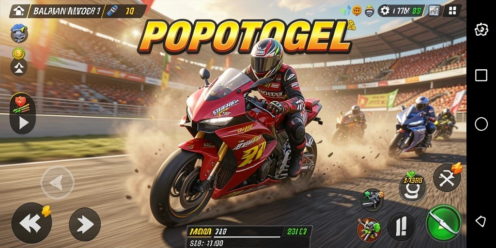 Screenshot utama POPOTOGEL menampilkan balapan motor yang mendebarkan.