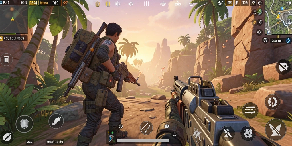 Tampilan gameplay menegangkan di RR44 dengan aksi tembak-menembak yang seru.