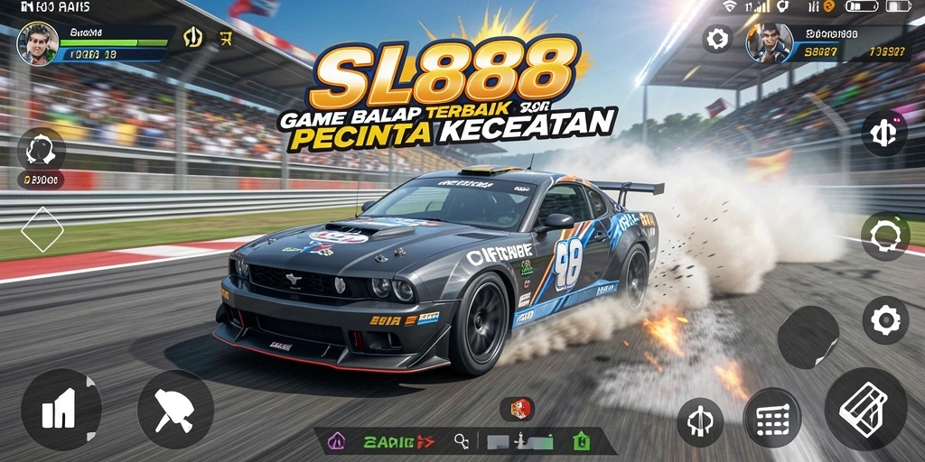 Screenshot gameplay SL888 yang menampilkan balapan seru dan mobil kustom.