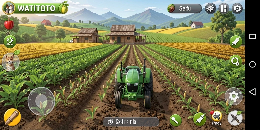 Screenshot utama WATITOTO menampilkan gameplay pertanian yang menarik dan interaktif.