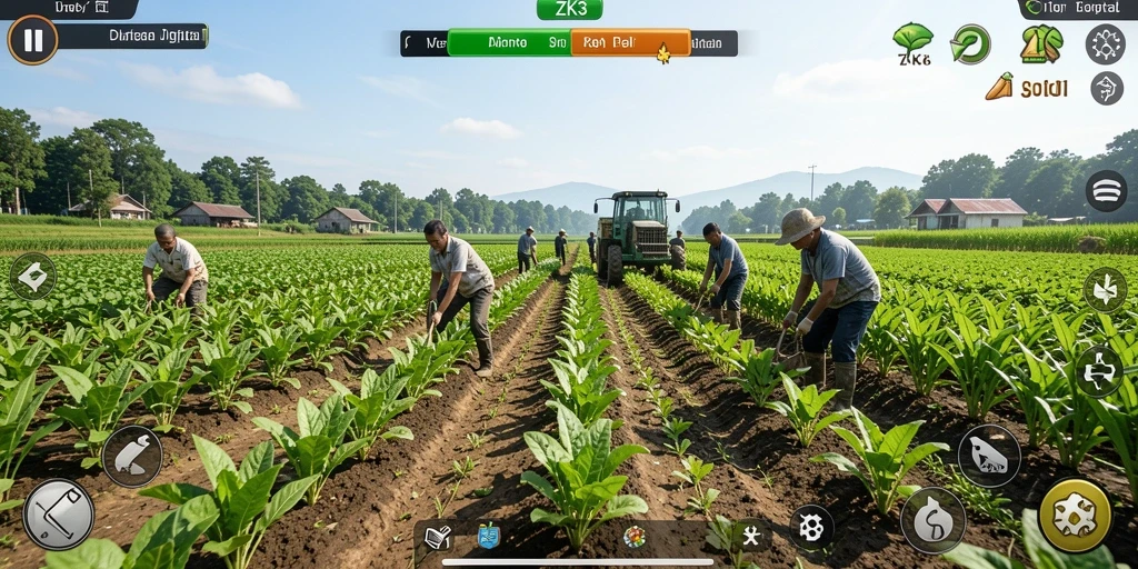 Screenshot gameplay ZK3 menampilkan suasana pertanian yang cerah dan aktif.